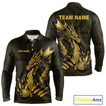Load image into Gallery viewer, Custom Tribal pattern Gold Dragon Bowling Polo, Quarter Zip Shirt For Men, Bowling Team League Jersey NQS10349