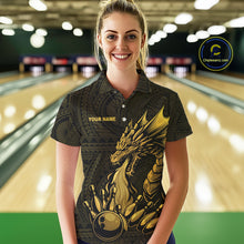 Load image into Gallery viewer, Custom Tribal pattern Gold Dragon Bowling Polo, 1/4 Zip Shirt For Women, Bowling Team League Jersey NQS10349