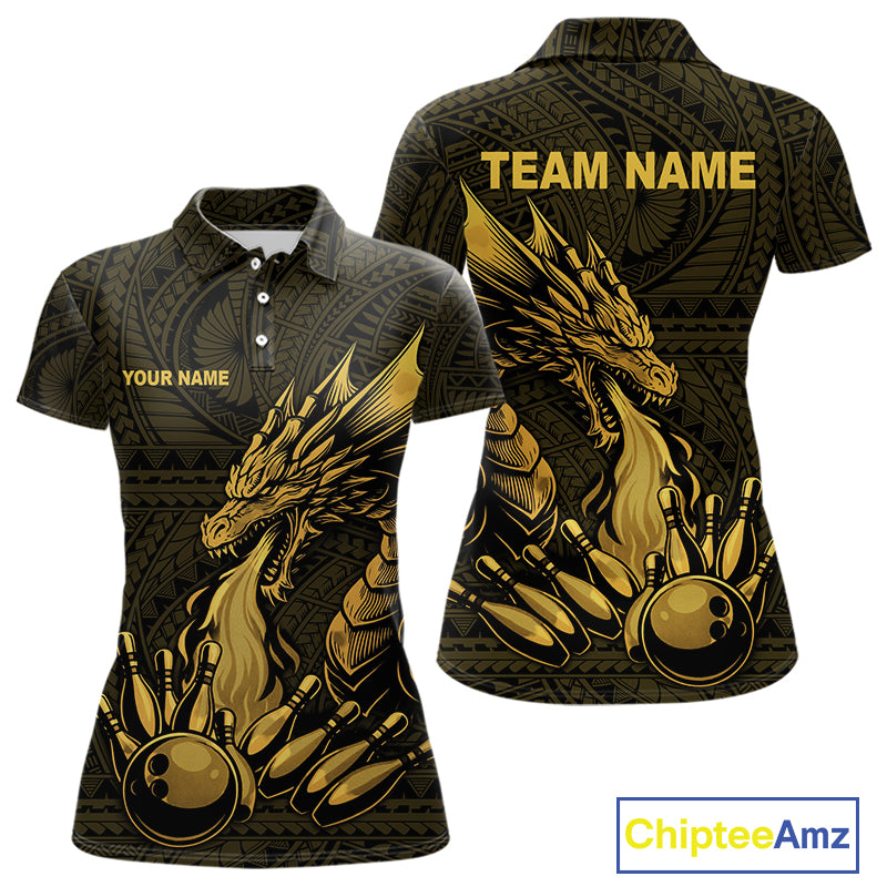 Custom Tribal pattern Gold Dragon Bowling Polo, 1/4 Zip Shirt For Women, Bowling Team League Jersey NQS10349