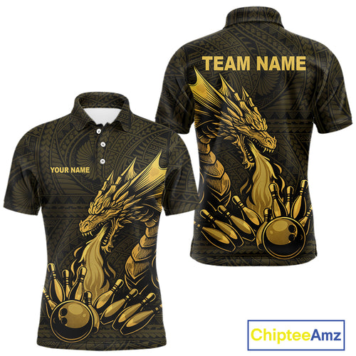 Custom Tribal pattern Gold Dragon Bowling Polo, Quarter Zip Shirt For Men, Bowling Team League Jersey NQS10349