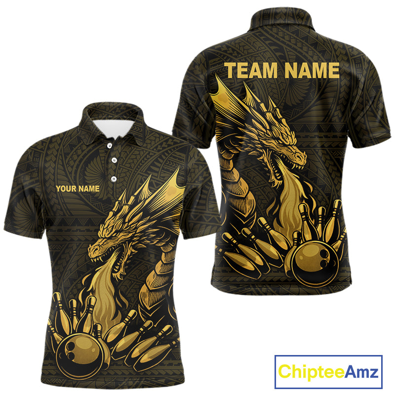 Custom Tribal pattern Gold Dragon Bowling Polo, Quarter Zip Shirt For Men, Bowling Team League Jersey NQS10349