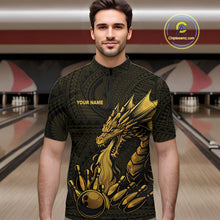 Load image into Gallery viewer, Custom Tribal pattern Gold Dragon Bowling Polo, Quarter Zip Shirt For Men, Bowling Team League Jersey NQS10349