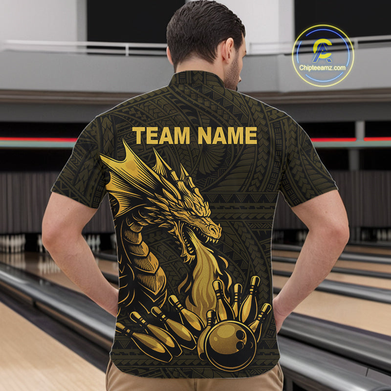 Custom Tribal pattern Gold Dragon Bowling Polo, Quarter Zip Shirt For Men, Bowling Team League Jersey NQS10349