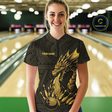 Load image into Gallery viewer, Custom Tribal pattern Gold Dragon Bowling Polo, 1/4 Zip Shirt For Women, Bowling Team League Jersey NQS10349