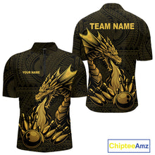 Load image into Gallery viewer, Custom Tribal pattern Gold Dragon Bowling Polo, Quarter Zip Shirt For Men, Bowling Team League Jersey NQS10349