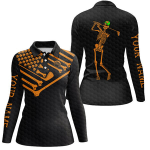 Women golf polo shirt Skeleton American flag custom black and orange Halloween shirts NQS8582