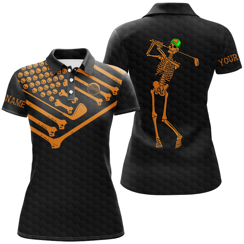 Women golf polo shirt Skeleton American flag custom black and orange Halloween shirts NQS8582