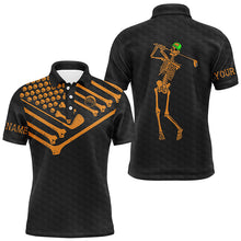 Load image into Gallery viewer, Mens golf polo shirt Skeleton American flag custom black and orange Halloween shirts NQS8582