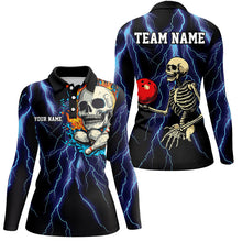 Load image into Gallery viewer, Blue lightning thunder storm skull flame Bowling Shirts For Women Custom Bowling Team Bowler Jerseys NQS8589