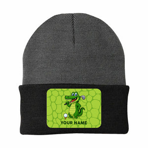Funny Alligator Golf Knit Beanie Hat, Custom Name Rectangle Patch Golf Beanie Hat, Golf Gifts NQS10782