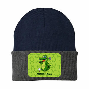 Funny Alligator Golf Knit Beanie Hat, Custom Name Rectangle Patch Golf Beanie Hat, Golf Gifts NQS10782