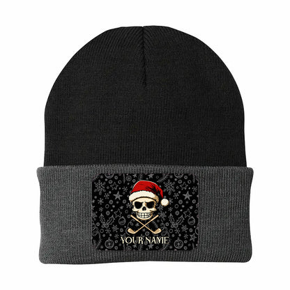 Funny Christmas Skull Golf Knit Beanie Hat, Custom Rectangle Patch Golf Beanie Hat, Xmas Golf Gifts NQS10783