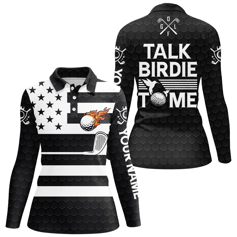 Black and White American Flag Women golf polo shirt custom Talk birdie to me funny ladies golf tops NQS8833