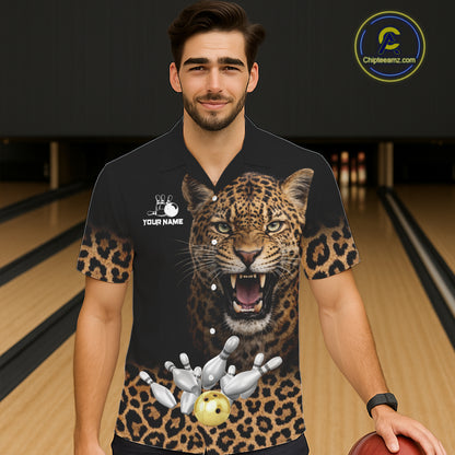 Custom Leopard Hawaiian Bowling Jerseys, Personalized Leopard Bowling Team Button-up shirts NQS11570