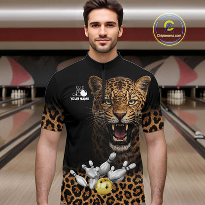 Custom Leopard Bowling Polo, Quarter Zip Jerseys for Men, Personalized Leopard Bowling Team shirts NQS11570