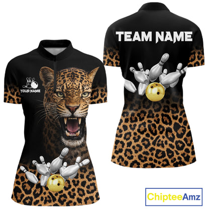 Custom Leopard Bowling Polo, Quarter Zip Jerseys for Women, Personalized Leopard Bowling Team shirts NQS11570