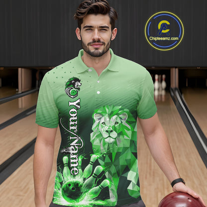 Green Lightning Lion Bowling Polo, Quarter Zip Shirts for Men Custom Lion Bowling Team jerseys NQS11568