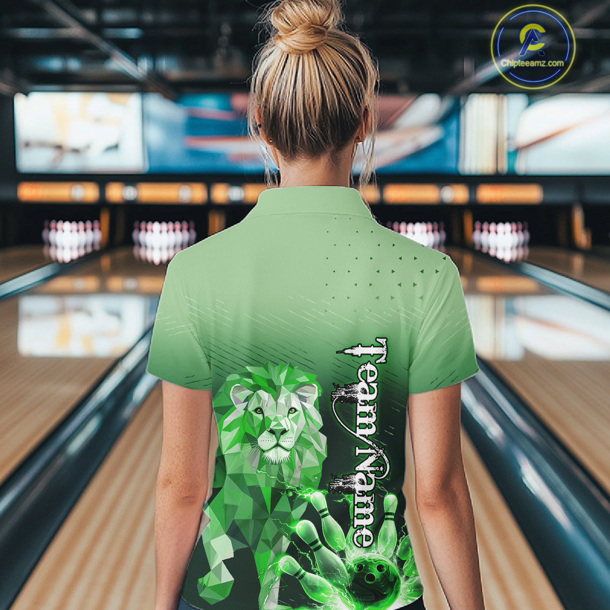Green Lightning Lion Bowling Polo, Quarter Zip Shirts for Women Custom Lion Bowling Team jerseys NQS11568