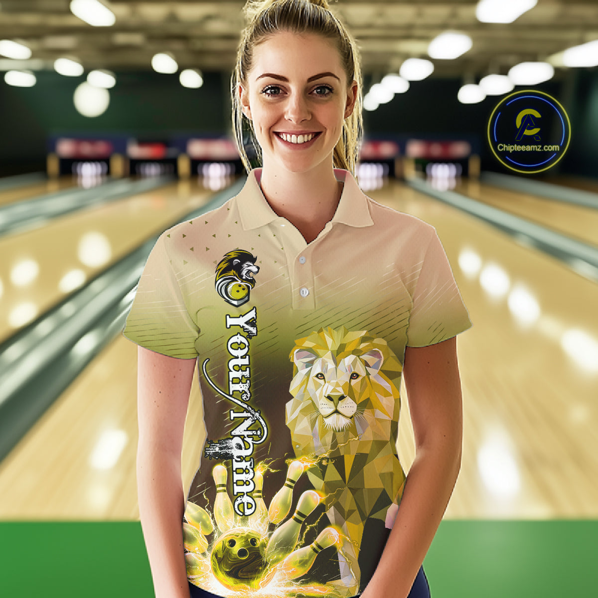 Yellow Lightning Lion Bowling Polo, Quarter Zip Shirts for Women Custom Lion Bowling Team jerseys NQS11569