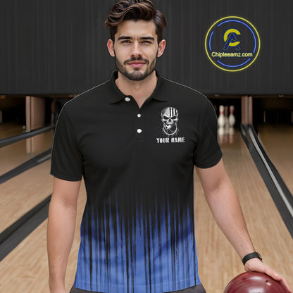 Black and Blue American Flag Skull Bowling Shirts for Men Custom Patriotic Bowling Team jerseys NQS11699