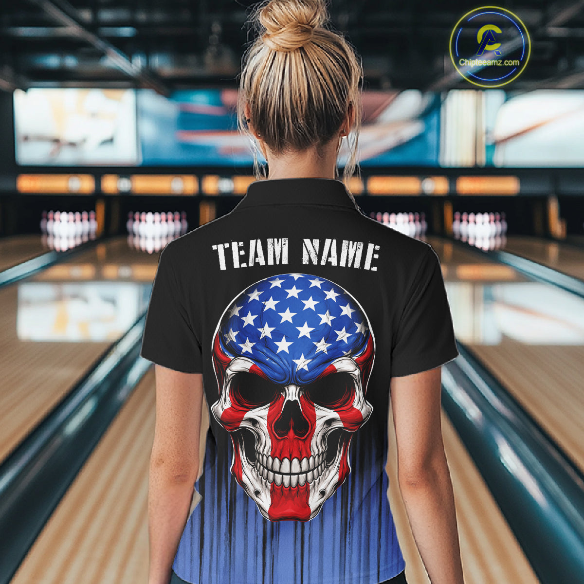 Black and Blue American Flag Skull Bowling Shirts for Women Custom Patriotic Bowling Team jerseys NQS11699