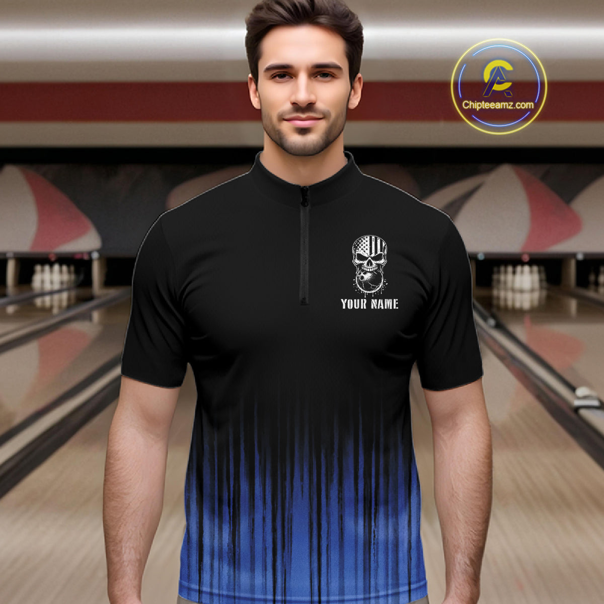 Black and Blue American Flag Skull Bowling Shirts for Men Custom Patriotic Bowling Team jerseys NQS11699