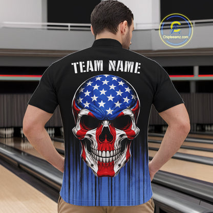 Black and Blue American Flag Skull Bowling Shirts for Men Custom Patriotic Bowling Team jerseys NQS11699