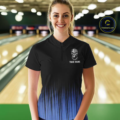 Black and Blue American Flag Skull Bowling Shirts for Women Custom Patriotic Bowling Team jerseys NQS11699