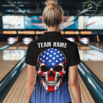 Black and Blue American Flag Skull Bowling Shirts for Women Custom Patriotic Bowling Team jerseys NQS11699
