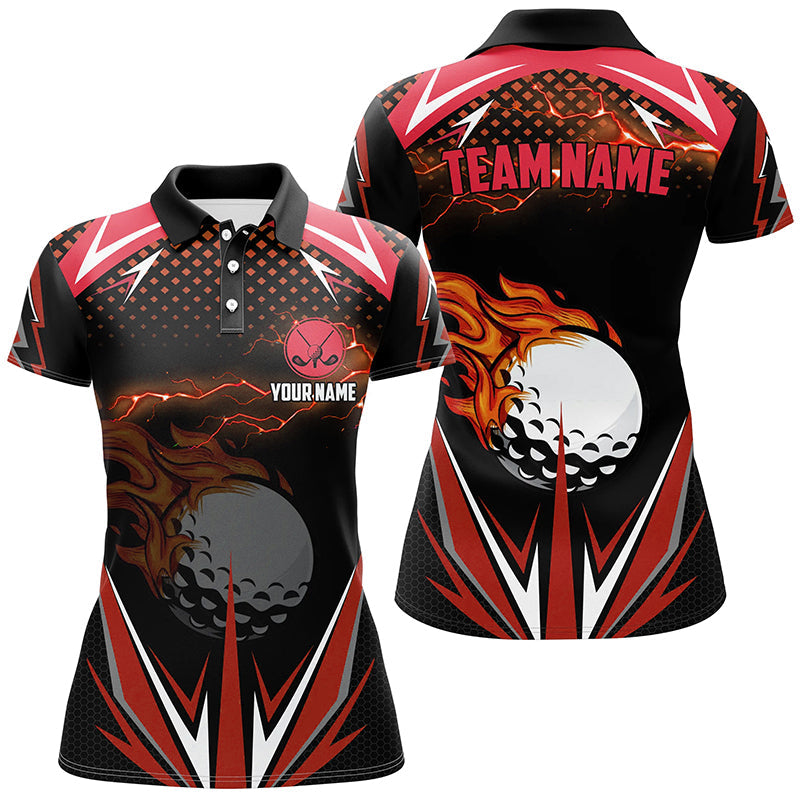 Black Womens golf polo shirts custom Red fire lightning team golf jerseys, golf attire for ladies NQS7380