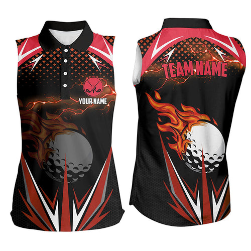 Black Women sleeveless polo shirts custom Red fire lightning team golf jerseys, ladies golf attire NQS7380