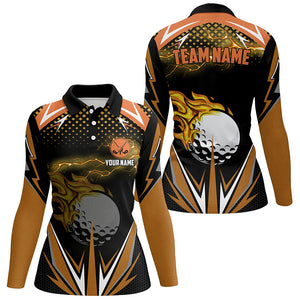 Black Womens golf polo shirts custom Orange fire lightning team golf jerseys, golf attire for ladies NQS7381