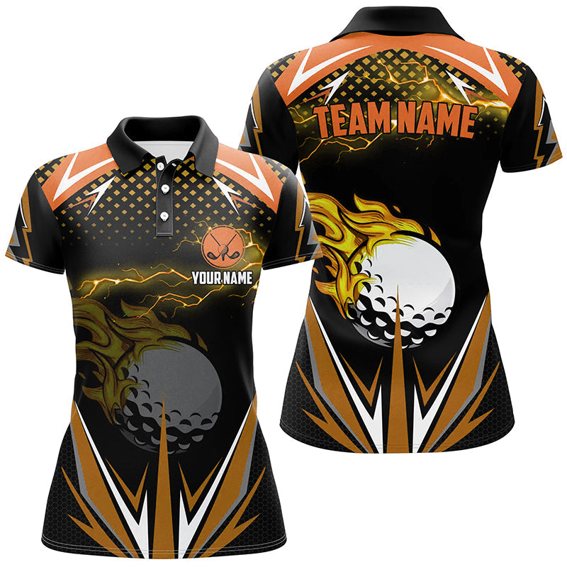 Black Womens golf polo shirts custom Orange fire lightning team golf jerseys, golf attire for ladies NQS7381