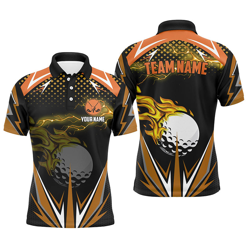 Black Mens golf polo shirts custom Orange fire lightning team golf jerseys, golf attire for men NQS7381