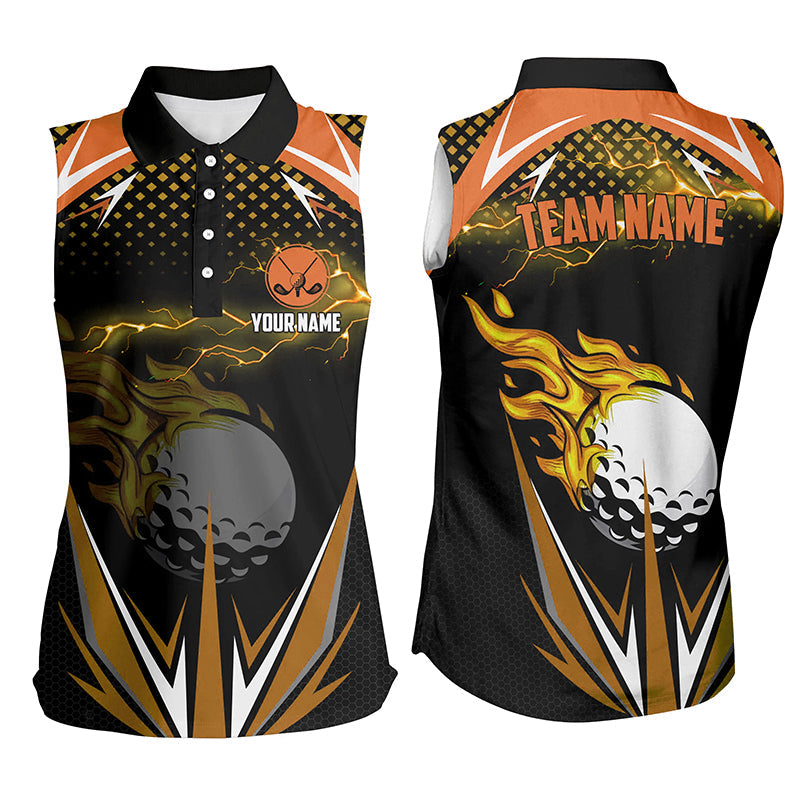 Black Women sleeveless polo shirts custom Orange fire lightning team golf jerseys, ladies golf attire NQS7381