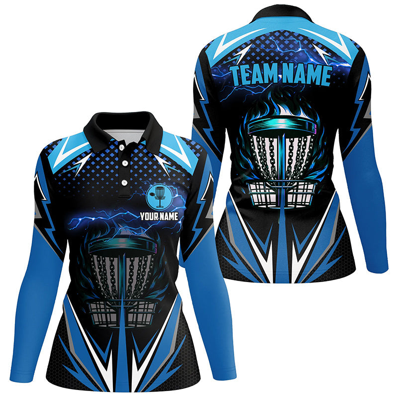 Black Women disc golf polo shirts custom blue fire lightning team disc golf jerseys, unique golf gifts NQS7382