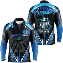 Load image into Gallery viewer, Black Mens disc golf polo shirts custom blue fire lightning team disc golf jerseys, unique golf gifts NQS7382