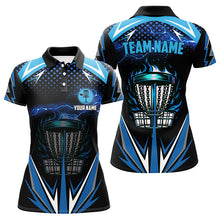 Load image into Gallery viewer, Black Women disc golf polo shirts custom blue fire lightning team disc golf jerseys, unique golf gifts NQS7382