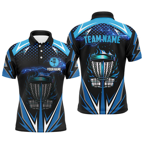 Black Mens disc golf polo shirts custom blue fire lightning team disc golf jerseys, unique golf gifts NQS7382