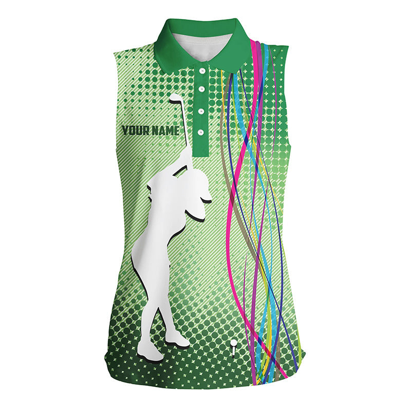 Green pattern Womens sleeveless polo shirts custom sport ladies golf tops, cool golf gifts for women NQS7385