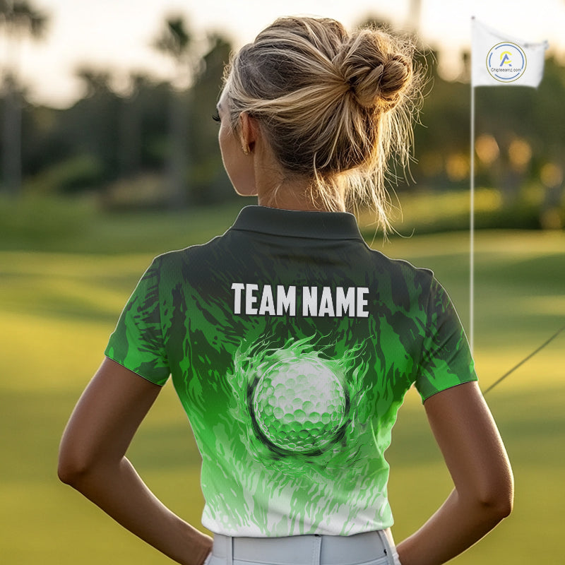 Funny Flamingo Green camo flame golf ball Women Golf Polo Shirt Custom Flamingo Golf attire for ladies NQS9799