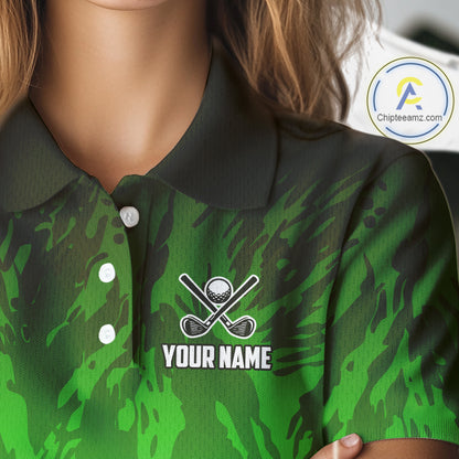 Funny Flamingo Green camo flame golf ball Women Golf Polo Shirt Custom Flamingo Golf attire for ladies NQS9799