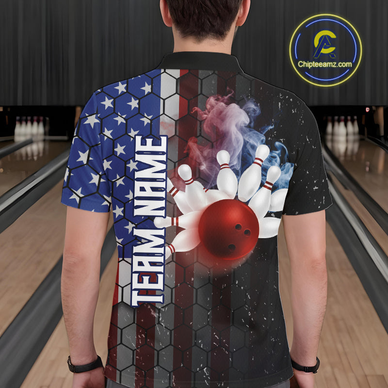 Smoke American Flag Vintage Bowling Polo, 1/4 Zip Shirts For Men Custom Patriotic Bowling Team jerseys NQS9802
