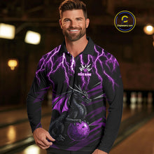 Load image into Gallery viewer, Black &amp; Purple Lightning Thunder Dragon Bowling Shirt For Men Custom Dragon Bowling Team Shirt Uniform NQS9805