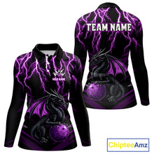 Load image into Gallery viewer, Black &amp; Purple Lightning Thunder Dragon Women Bowling Shirts Custom Dragon Bowling Team Shirt Uniform NQS9805