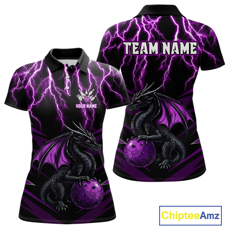 Black & Purple Lightning Thunder Dragon Women Bowling Shirts Custom Dragon Bowling Team Shirt Uniform NQS9805