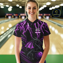 Load image into Gallery viewer, Black &amp; Purple Lightning Thunder Dragon Women Bowling Shirts Custom Dragon Bowling Team Shirt Uniform NQS9805