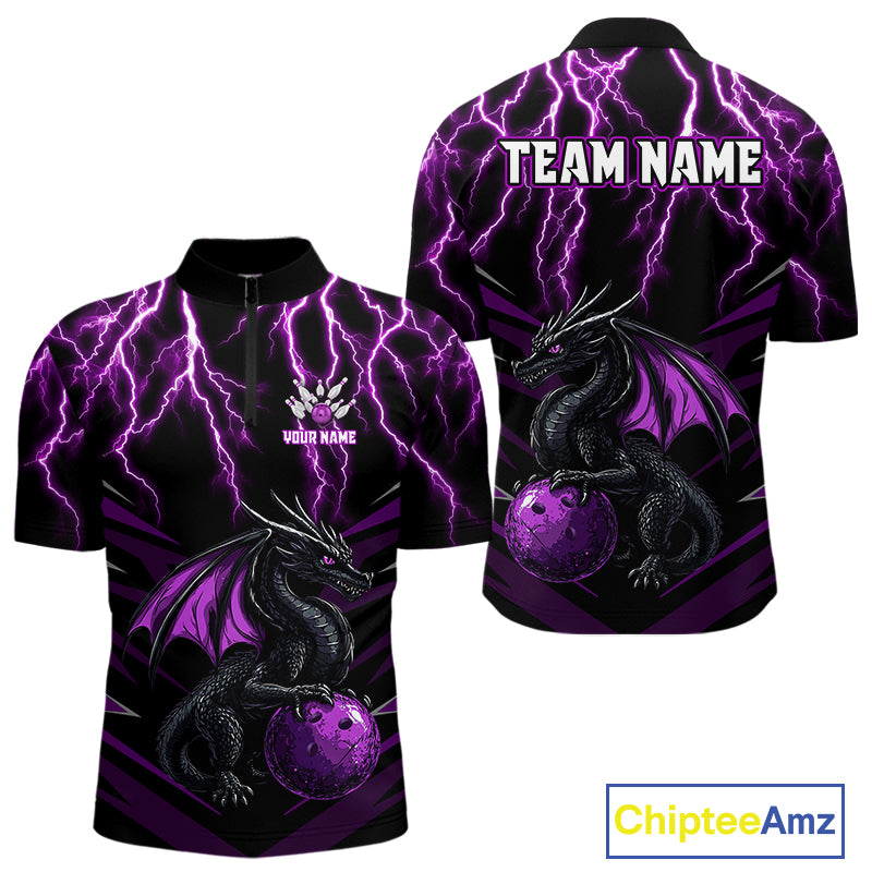 Black & Purple Lightning Thunder Dragon Bowling Shirt For Men Custom Dragon Bowling Team Shirt Uniform NQS9805