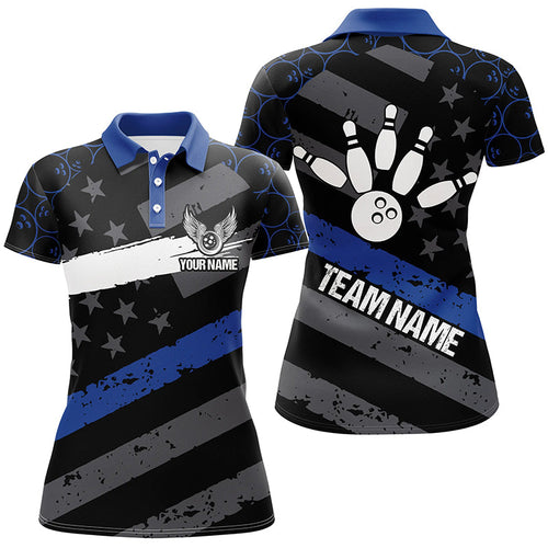 Black American flag Women bowling shirts Custom bowling camo Team Jerseys, gift for Bowlers | Blue NQS7575