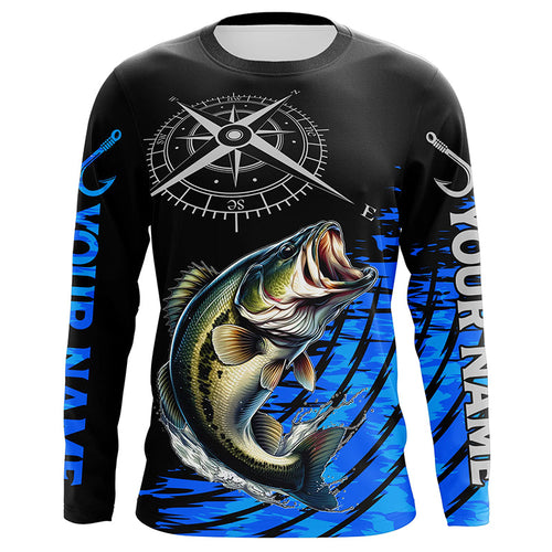 Personalized Bass fishing compass Long Sleeve Performance Fishing Shirts, Bass tournament Shirt | Blue NQS7576